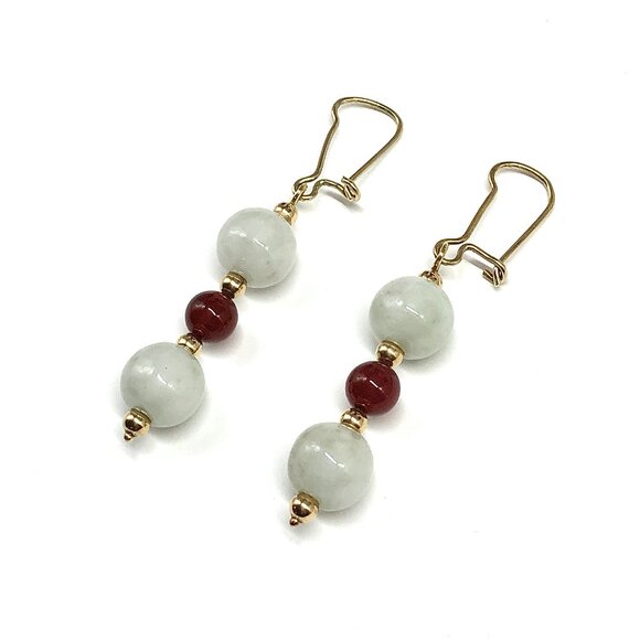 Elegant Vintage White Jade Carnelian 14k Gold Dangle Earrings - Picture 6 of 6
